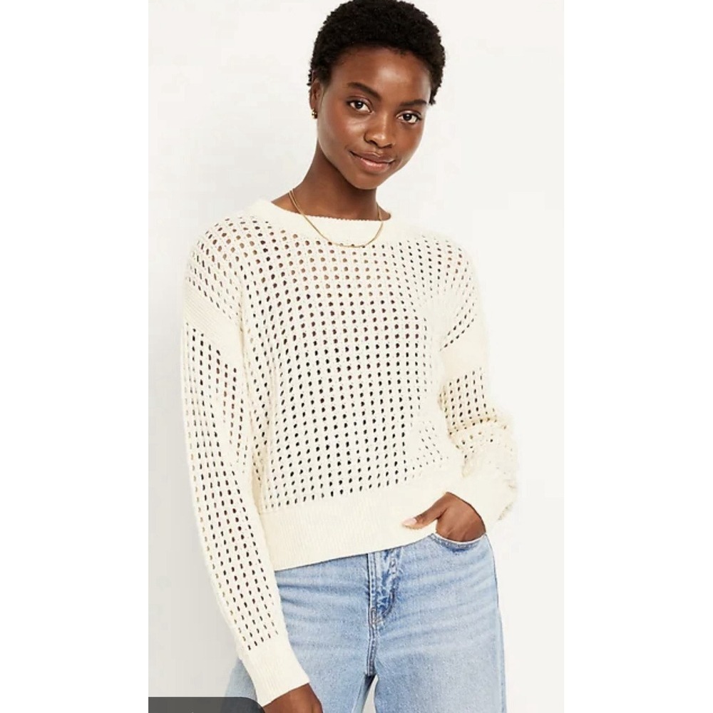 Old Navy Open Knit Cropped Cream Sweater Cotton Womens L